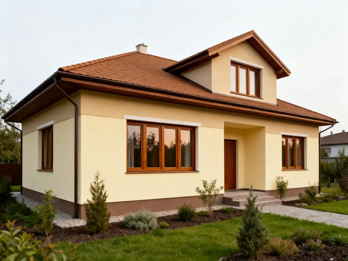 Dom z brązowymi oknami, jasną elewacją i brązowym dachem