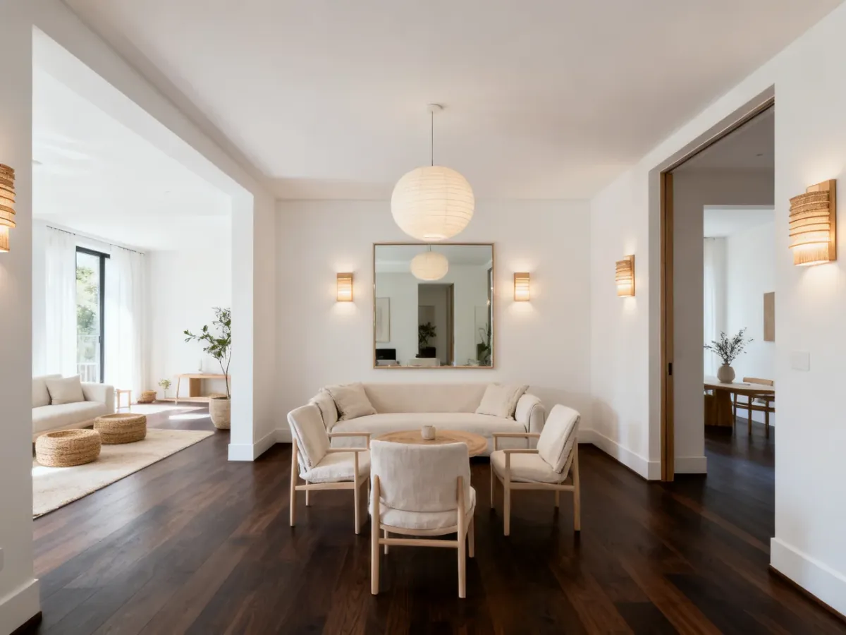 Mały jasny salon z ciemną podłogą, lustrem i lekkimi meblami