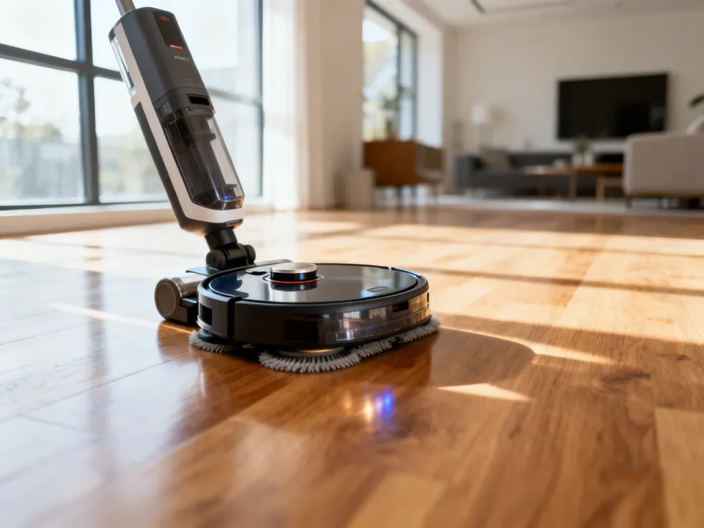 Nowoczesny robot sprzątający mopuje jasną, drewnianą podłogę w minimalistycznym salonie w świetle porannego słońca.
