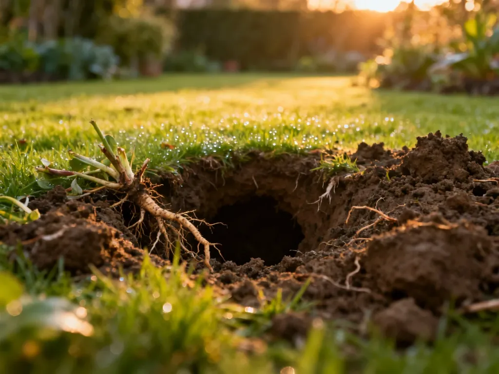 Wejście do nory karczownika na zadbanym trawniku z widocznymi śladami zniszczeń roślin i świeżą ziemią.