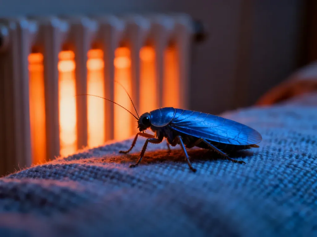Pluskwa na tkaninie na tle rozgrzanego grzejnika, obrazująca wpływ wysokiej temperatury na eliminację szkodników.