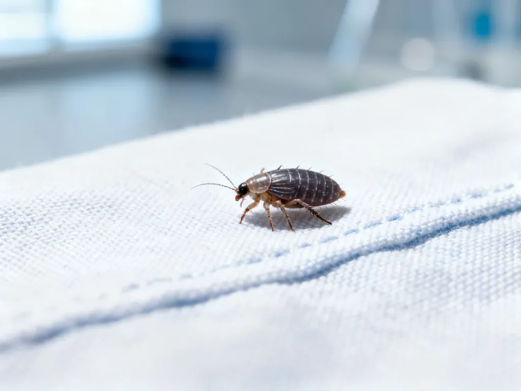 Wsza na powierzchni tkaniny w powiększeniu makro, ukazująca szczegóły budowy pasożyta w warunkach laboratoryjnych.