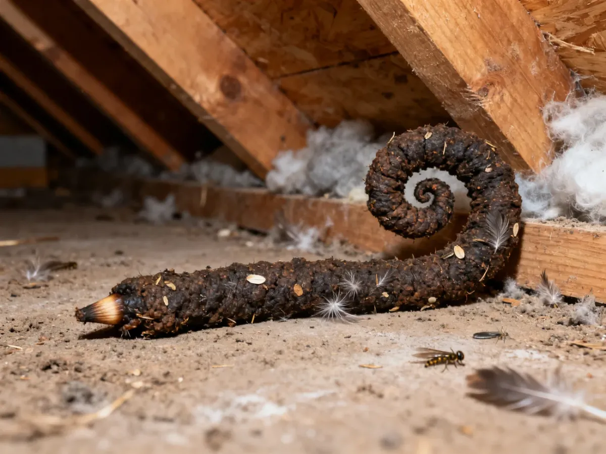 Spiral-shaped marten droppings with visible food remains on an attic floor