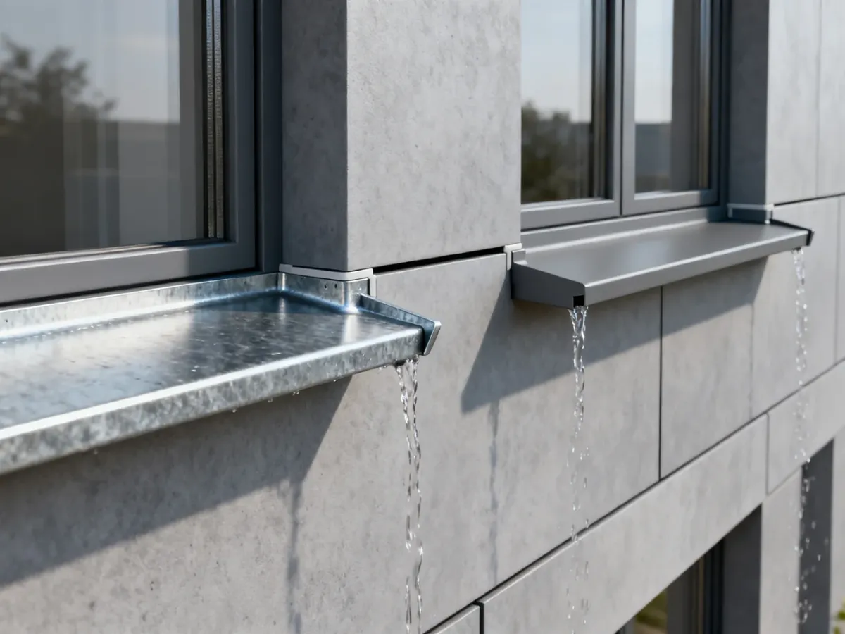 Stalowy i aluminiowy parapet z prawidłowym spadkiem oraz kapinosem