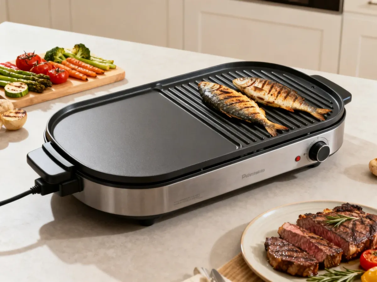 Grill elektryczny z gładką i ryflowaną płytą oraz różnymi potrawami